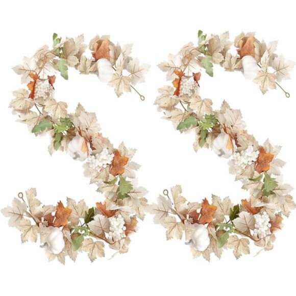 Fall Maple Leaf Garland with White Pumpkins Clusters of Berries - Picture 1 of 8